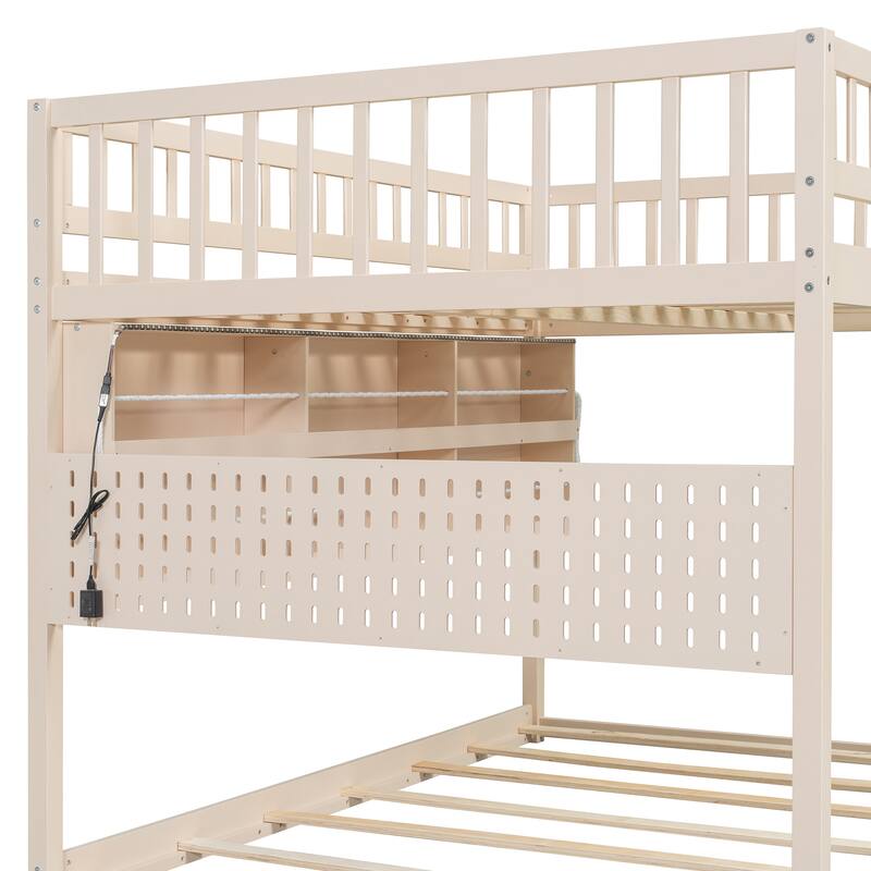 Wooden Full Over Full Bunk Bed Frame for Kids with Integrated Shelving, Light Strip, Pegboard, Full-Length Guardrails and Ladder