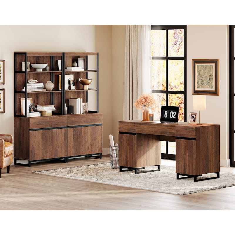 WAMPAT 59" Modern Executive Desk with Charging Station & Storage Cabinet + 72" Tall Bookcases. - Brown
