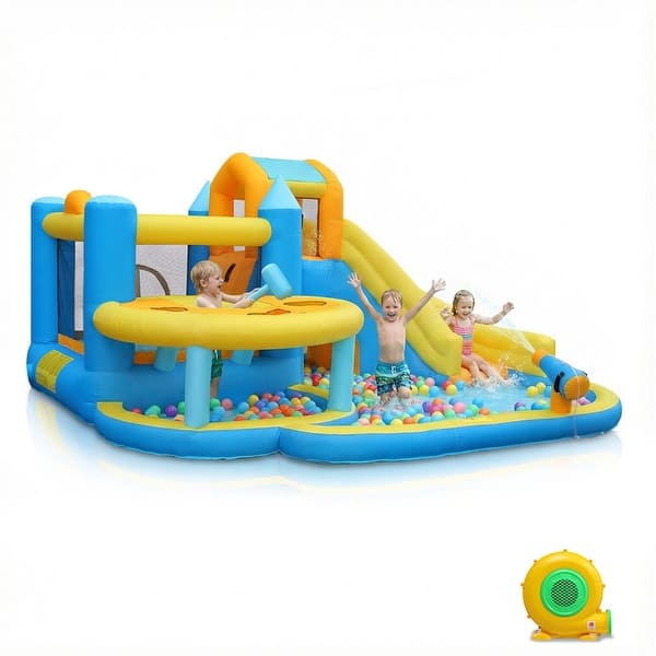 slide 2 of 10, Oxford Cloth Inflatable Castle Bounce House In Blue And Yellow With Curved Slide, Whack-A-Mole & Water Play Function - N/A Blue