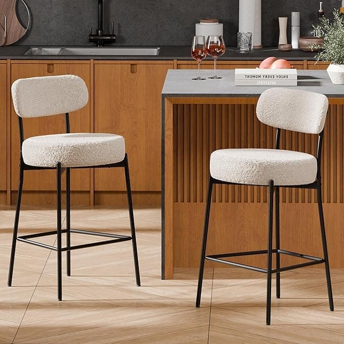 XINMICS 24 Inches Modern Counter Height Bar Stools with Curved Back Metal Legs, Upholstered Boucle Barstools, Set of 2/3/4