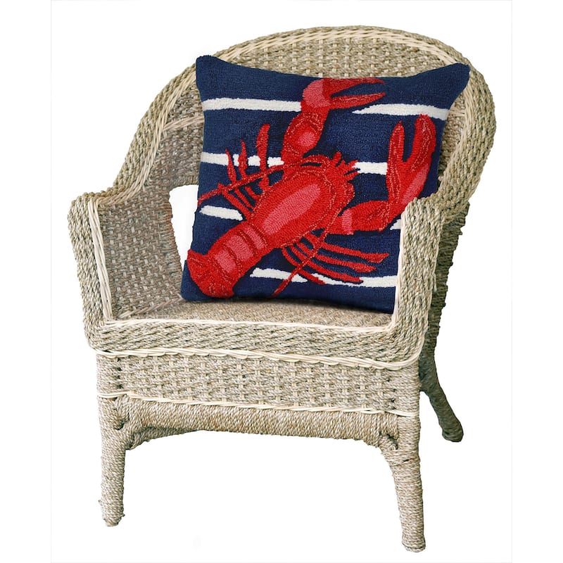 Liora Manne Frontporch Lobster On Stripes Indoor/Outdoor Pillow Navy 18" Square