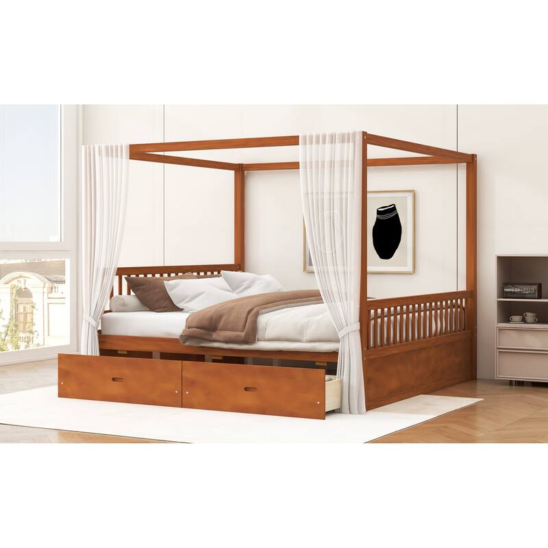 Roomfitters Queen/King Wooden Canopy Bed with 2 Storage Drawers, Solid Wood Frame, Walnut