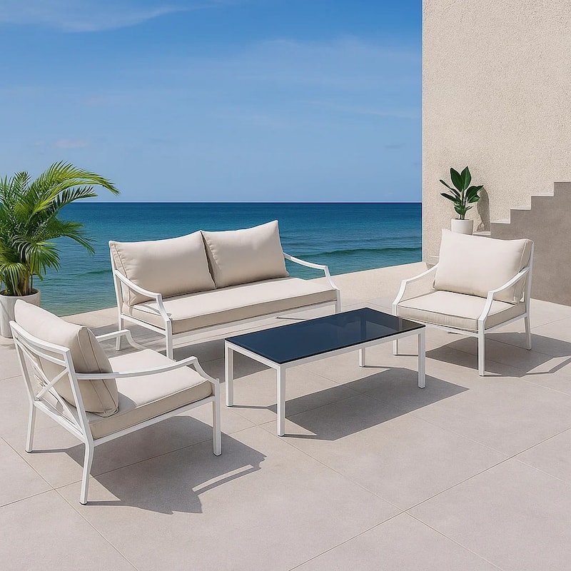 3 Piece Outdoor Sofa Set with Table, Beige and White