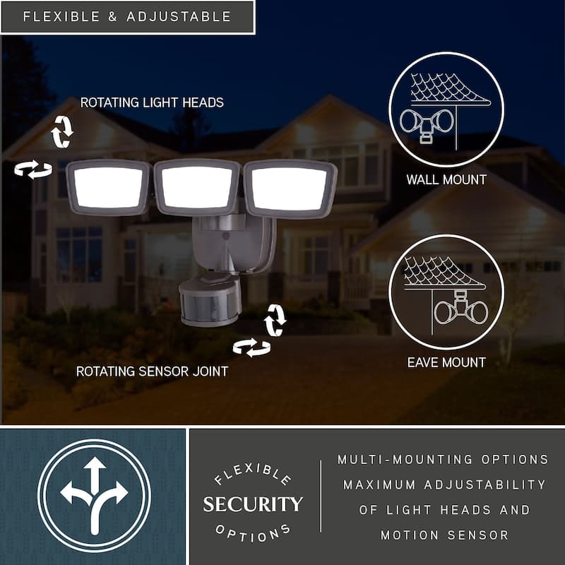 Integrated LED Motion Sensor Dusk to Dawn 3-Head Outdoor Security Flood Light - 240 Degree - 85 Ft.