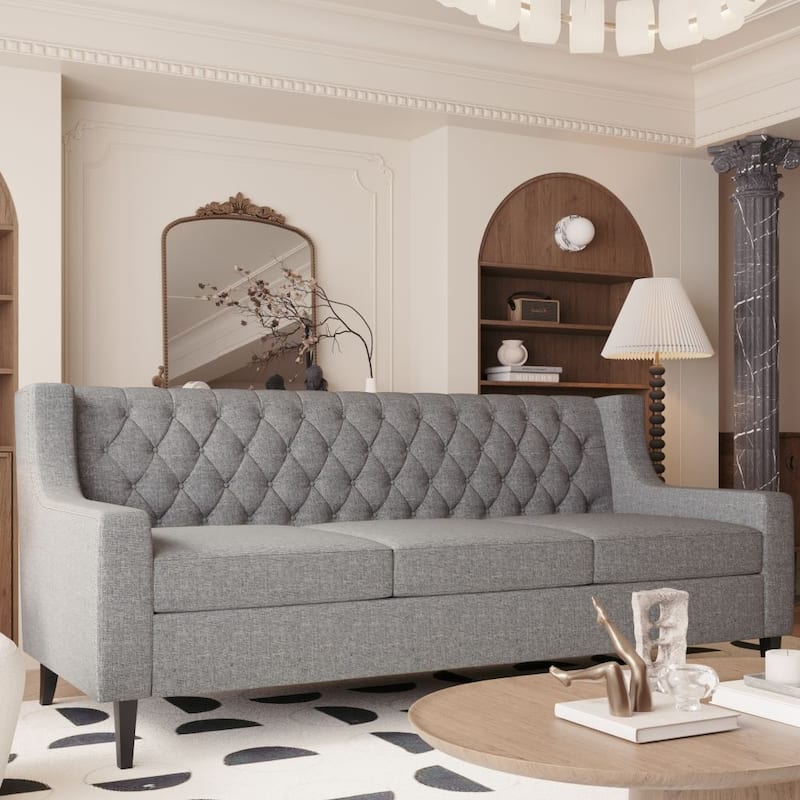Mid Century Modern Button Tufted Backrest Foam Couches - Grey