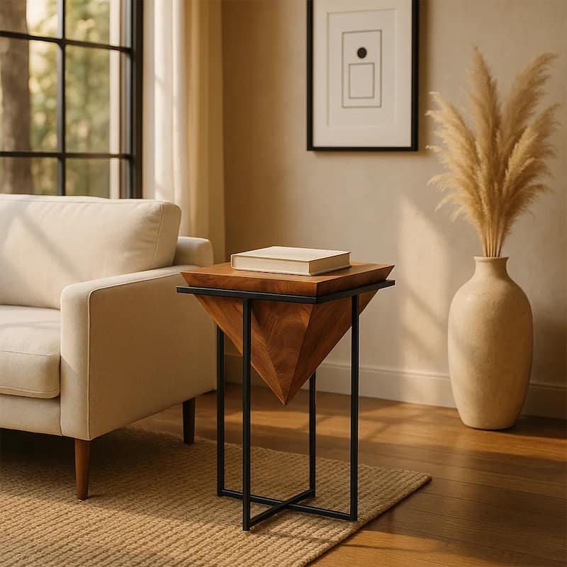 Ida 26 Inch Pyramid Shape Acacia Wood Side Table With Cross Iron Base, Brown and Black - Acacia