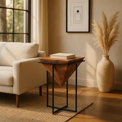 Ida 26 Inch Pyramid Shape Acacia Wood Side Table With Cross Iron Base, Brown and Black