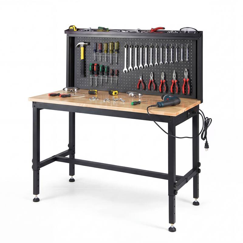 Gymax 48'' Heavy Duty Workbench w/ AC/USB Outlets and Pegboard Max - Natural