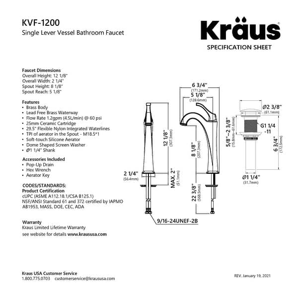 dimension image slide 0 of 2, KRAUS Arlo Single Handle 1-Hole Vessel Bathroom Faucet w/ Pop Up Drain