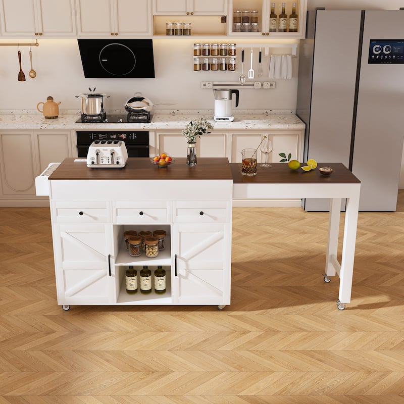 74.8"Kitchen Island with Extendable Dining Table & Power Outlet-Rolling Storage Cart on Wheels with 3 Drawers & 2 Door Cabinet