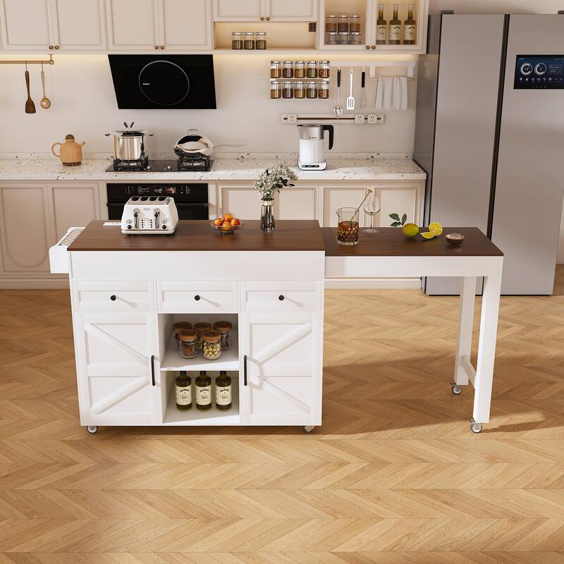 Rolling Kitchen Cabinet Island with Extendable Dining Table, Buffet Cabinet Storage Cabinet with Adjustable Shelves