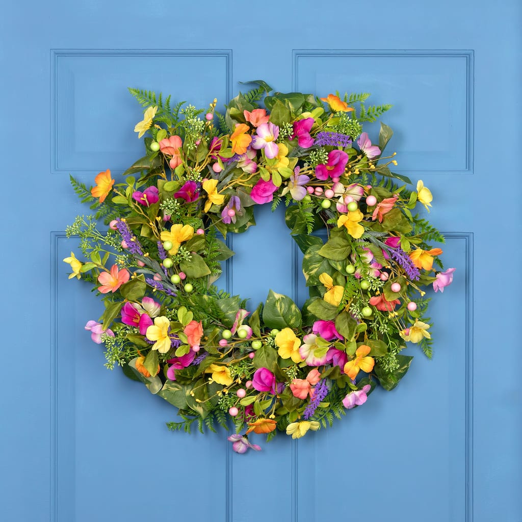 Mixed Floral Artificial Spring Wreath - 22" - Yellow and Pink