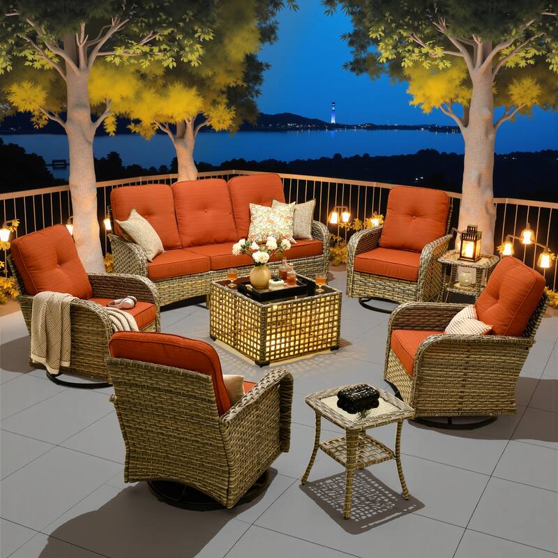 HOOOWOOO 8-piece Patio Wicker Rattan Swivel Rocking Chair Set with Solar-powered Table - Red/Orange