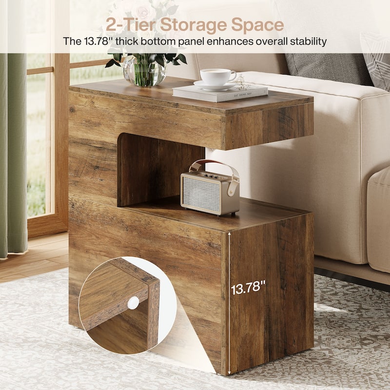 C-Shaped End Table, Couch Side Table with 2-Tier Storage Shelf