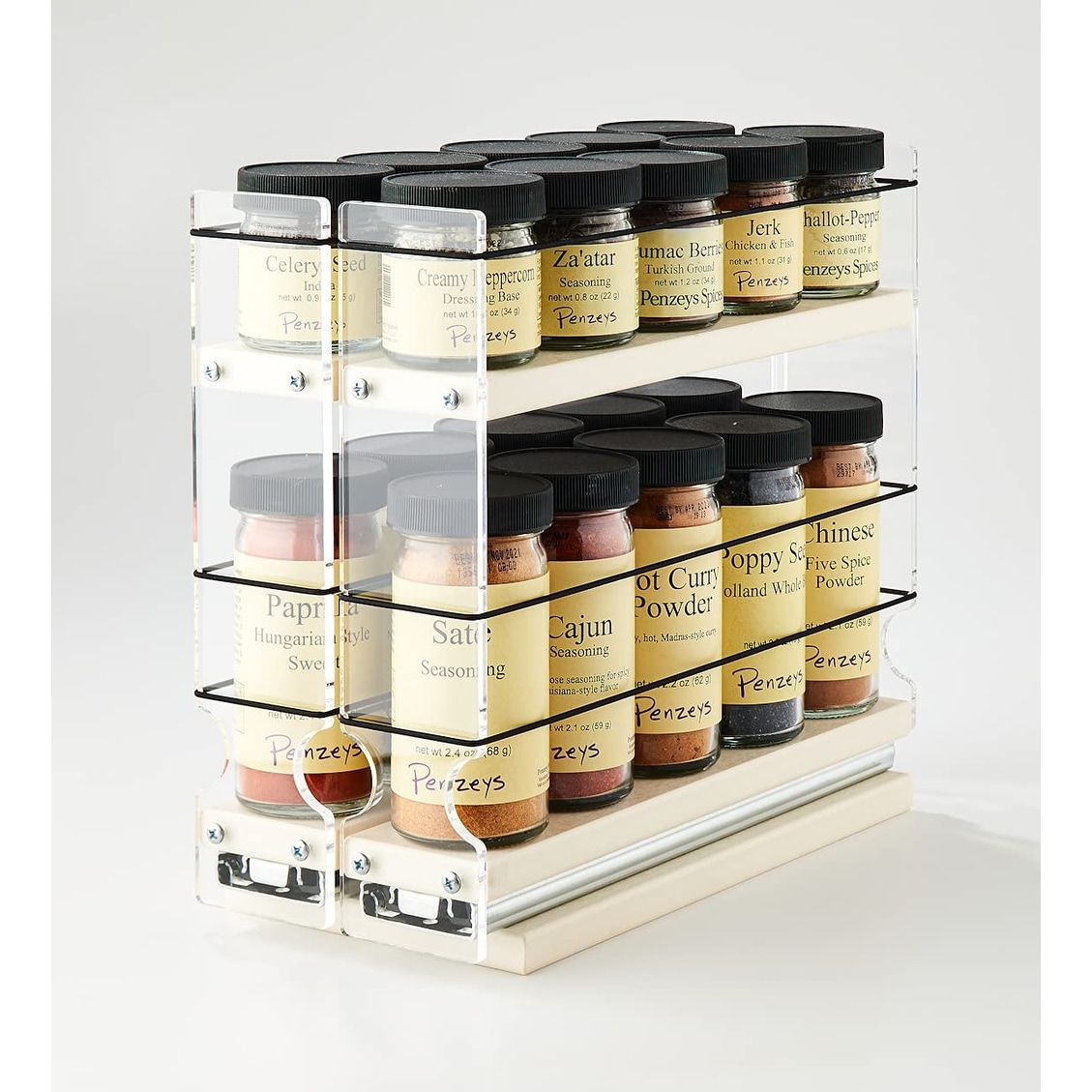 Spice organizer for narrow cabinet clearance