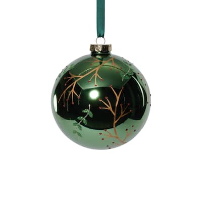 4-Piece Set Shiny Green Metallic 4.75" Glass Ball Ornaments with Gold Leaf & Twig Design