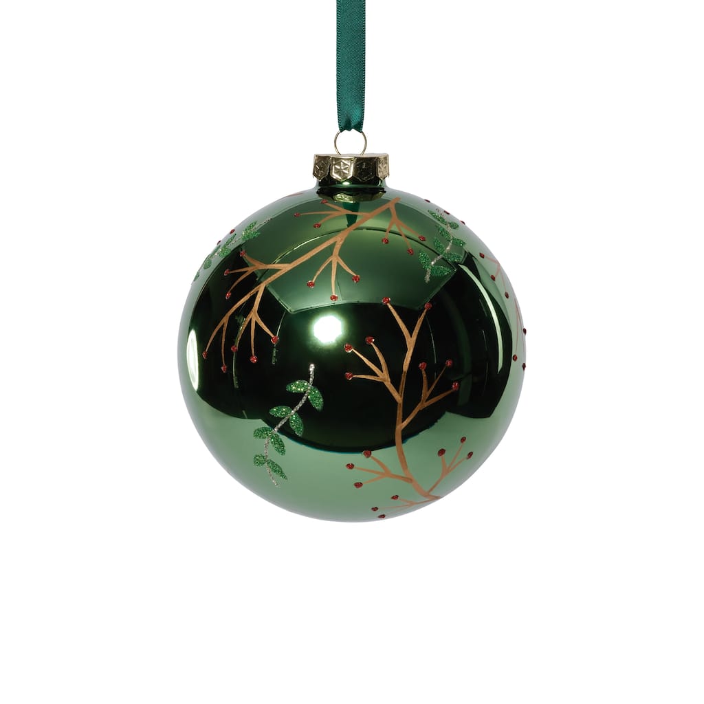 4-Piece Set Shiny Green Metallic 4.75" Glass Ball Ornaments with Gold Leaf & Twig Design