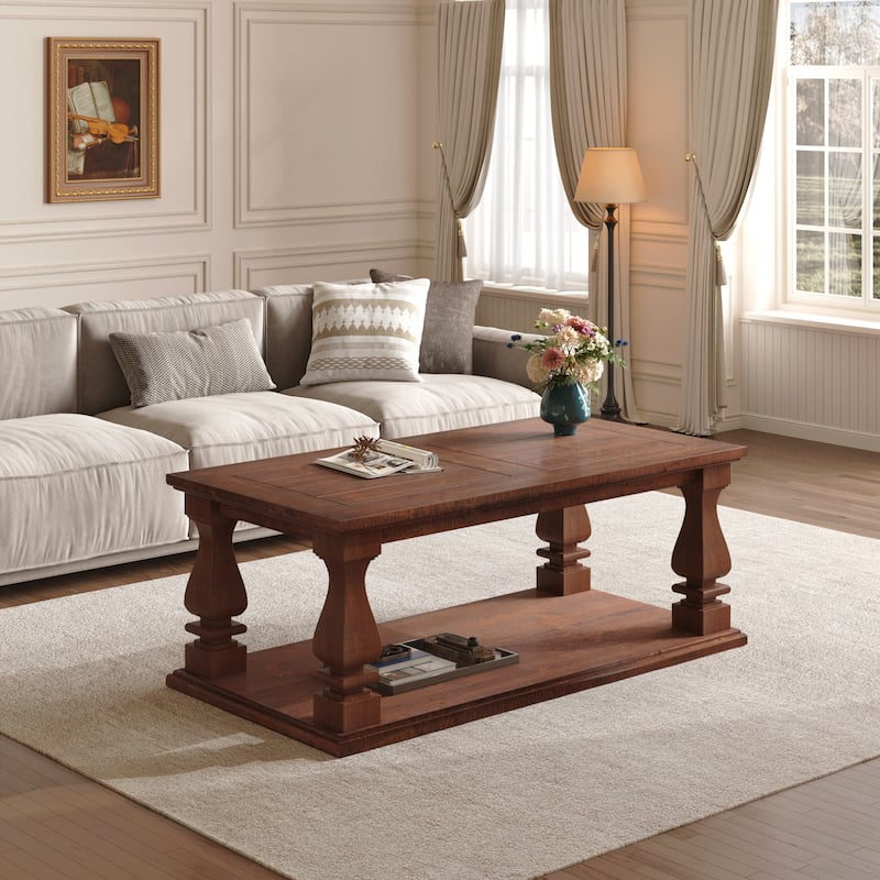 Farmhouse Coffee Table, Crafted with Heavy Planked Top & Square Baluster Legs