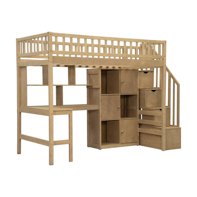 Twin Size Loft Bed with Built-in Desk, LED Lights, Storage Shelves, Cabinets & Staircase