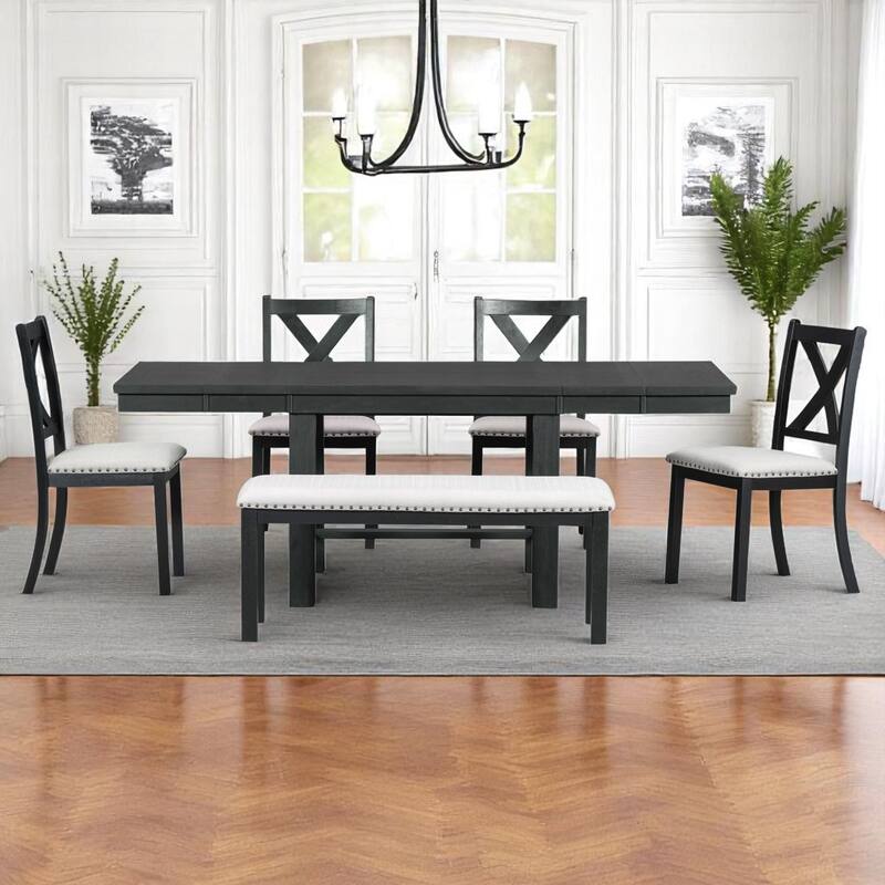 82" 6-Piece Extendable Dining Table Set with Removable Leaves, 4 Upholstered Chairs and Bench for Dining Room or Kitchen
