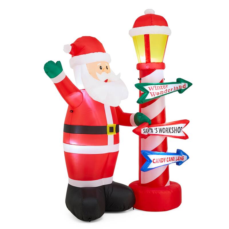 Glitzhome 7FT Lighted Inflatable Santa with Lamp Post Sign Decor