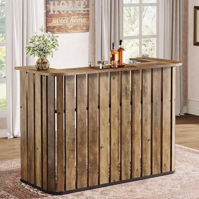 63 Inches Brown Engineered Wood Bar Table with Storage Shelves, 2-Tier Wine Bar Cabinet for Home Pub