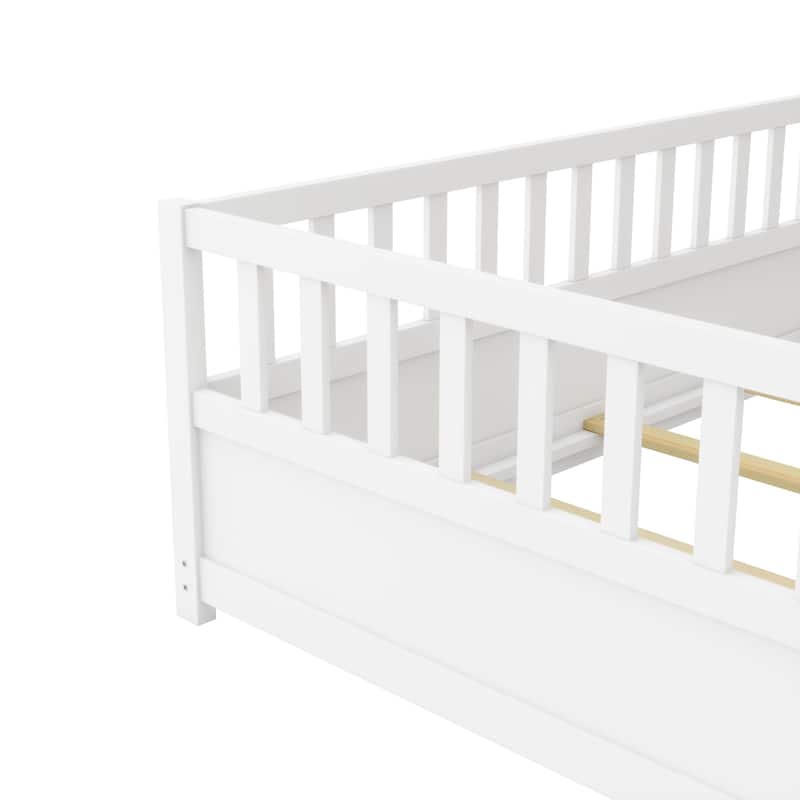 Children's Twin Floor Bed with High Fence, Pinewood French Bed, Safe Play Area, and Mattress Support