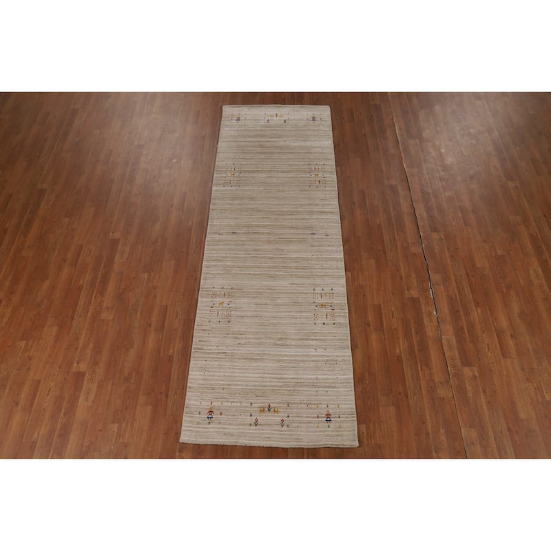 Striped Camel Gabbeh Indian Runner Rug Hand-Knotted Wool Carpet - 3'1" x 9'6"