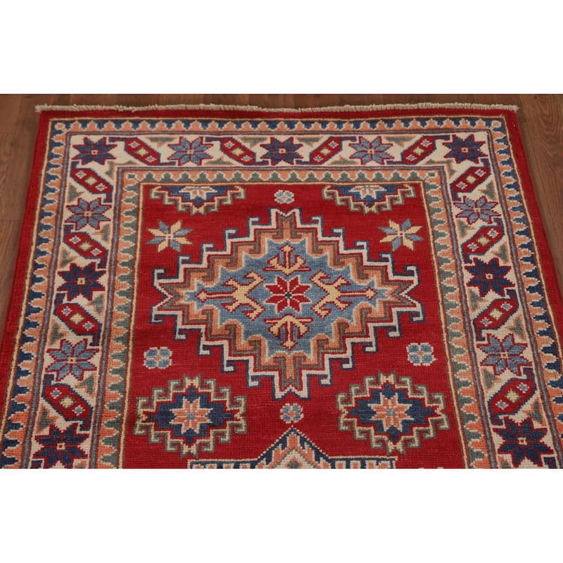 Geometric Red Kazak Runner Rug Hand-Knotted Wool Carpet - 2'9" x 8'0"