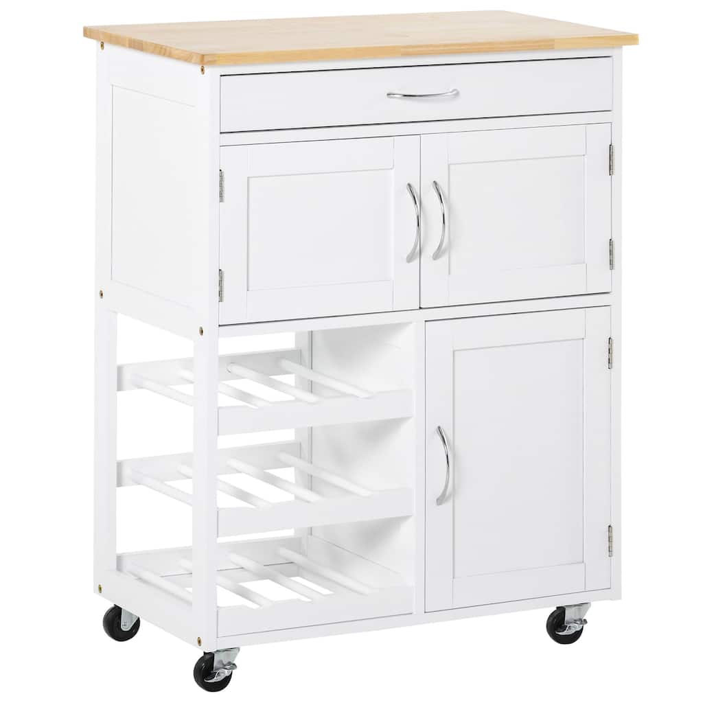 Bar Cart Rolling Kitchen Island on Wheels with 9-Bottle Wine Rack, Small Kitchen Cart with Wide Drawer, Wooden Countertop