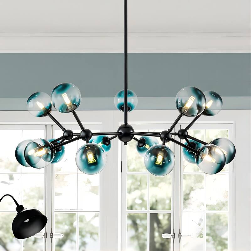 15-Light Modern Glam Linear Sputnik Gradient Blue Glass Globe Bubble Branch Chandelier