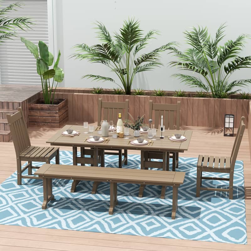 Laguna Hdpe All Weather Outdoor Patio Dining Set with Rectangle Table, Side Chairs, and Bench (6-Piece Set) - Weathered Wood