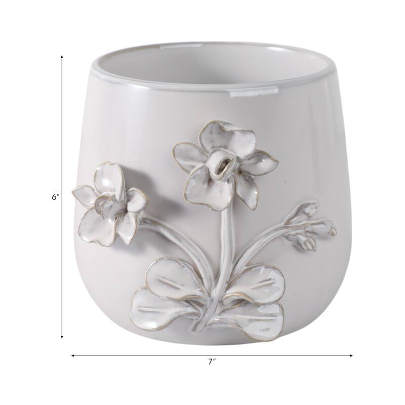 Decorative Ceramic Flower Planter with Flower Applique - Ivory