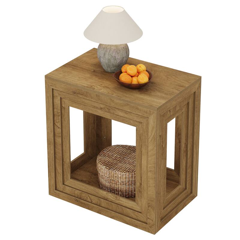 Farmhouse End Table with 2-Tier Storage, 24” Square Wooden Side Table