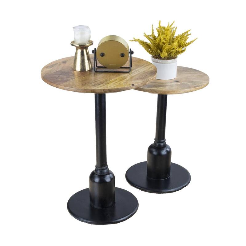 Set of 2 Round Accent Tables - Solid Mango Wood Tops and Sturdy Metal Frames