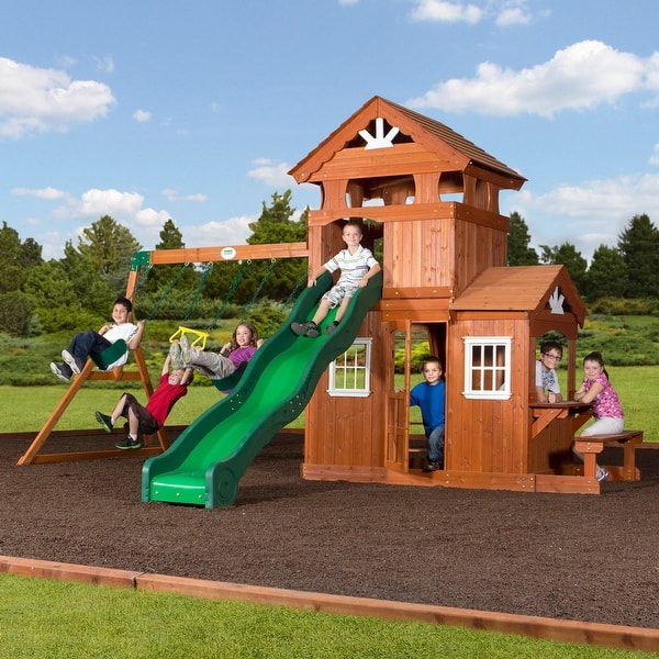 slide 2 of 16, Backyard Discovery Shenandoah Cedar Wood Swing Set, Slide, Clubhouse