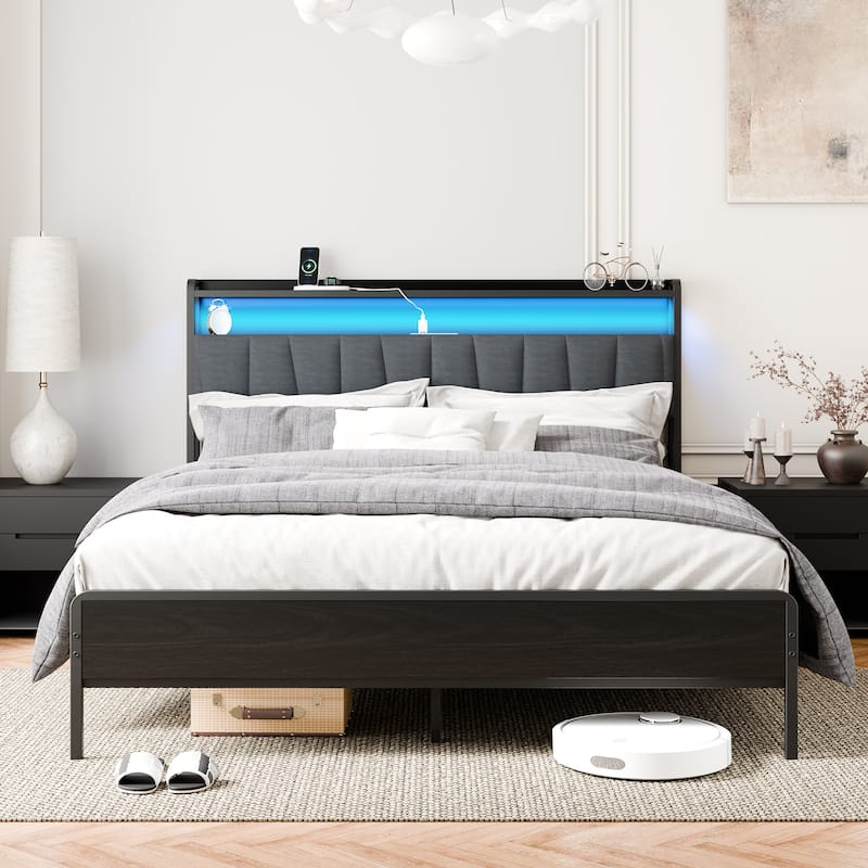 Queen Size Bed Frame with LED Headboard & USB Charging – Storage-Friendly Platform Bed with Snap Assembly - Black