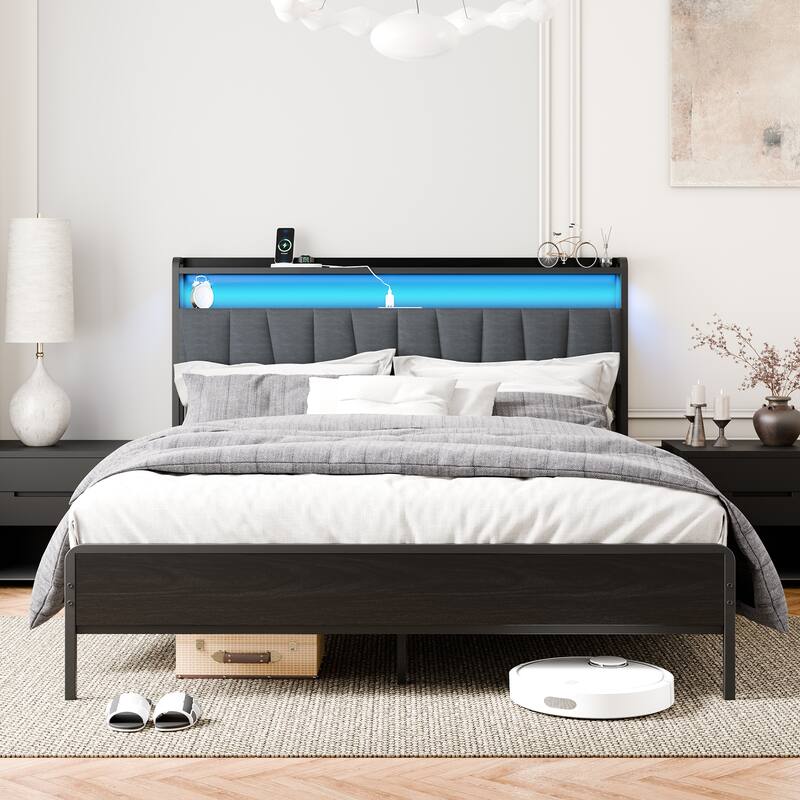 Queen Size Storage Bed Frame with LED Headboard & USB Charging