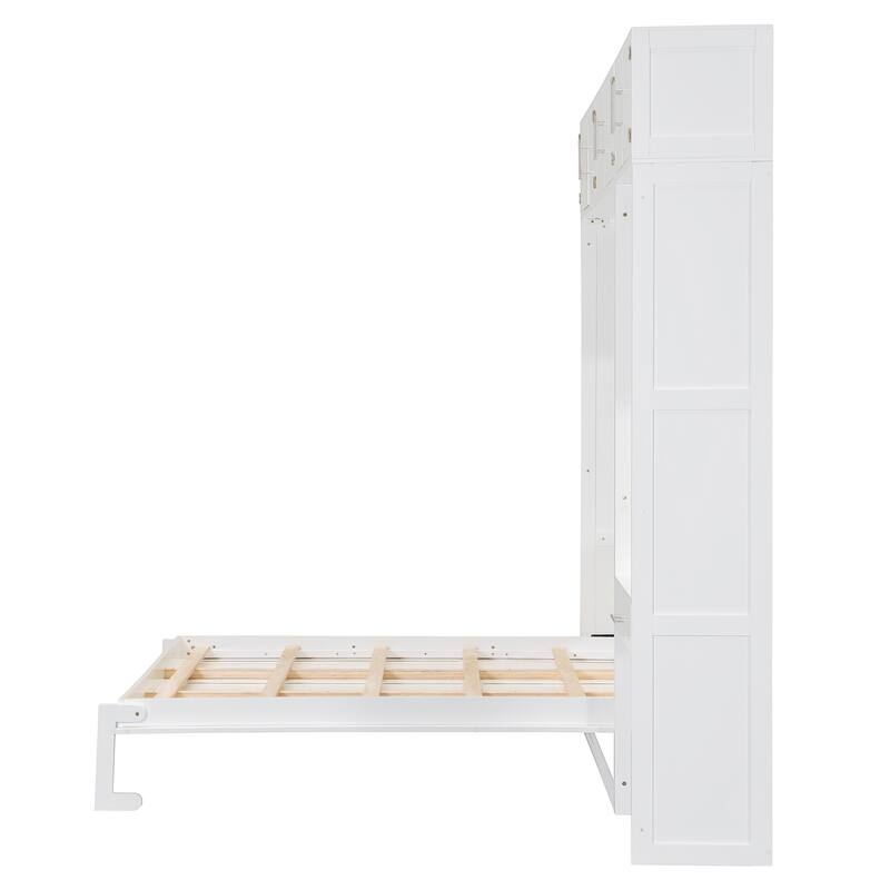 Full Size Murphy Bed Hidden Cabinet with Top Cabinet & Storage Shelves, Foldable Wood Wall Bed Frame with Desk and Drawer