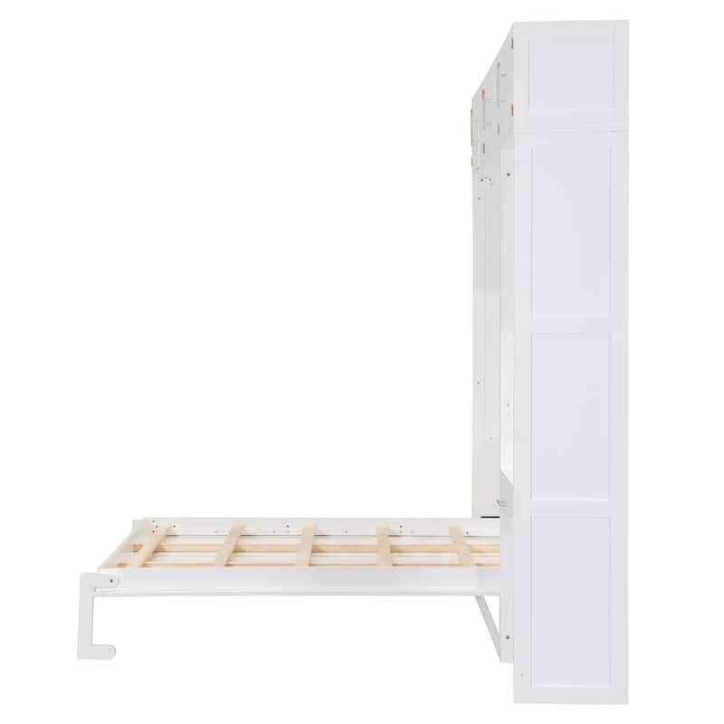 Wood Wall Murphy Bed with Desk, Top Cabinet and Storage Shelves, Space Saving Foldable Wall Bed for Home Office Studio