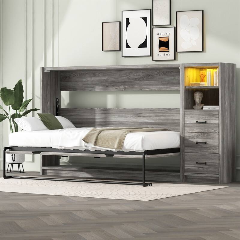 Twin Size Murphy Bed Wall Bed w/ 3 Drawers & LED Light, can be Folded into a Cabinet, Folding Murphy Cabinet Bed w/Open Storage - Grey