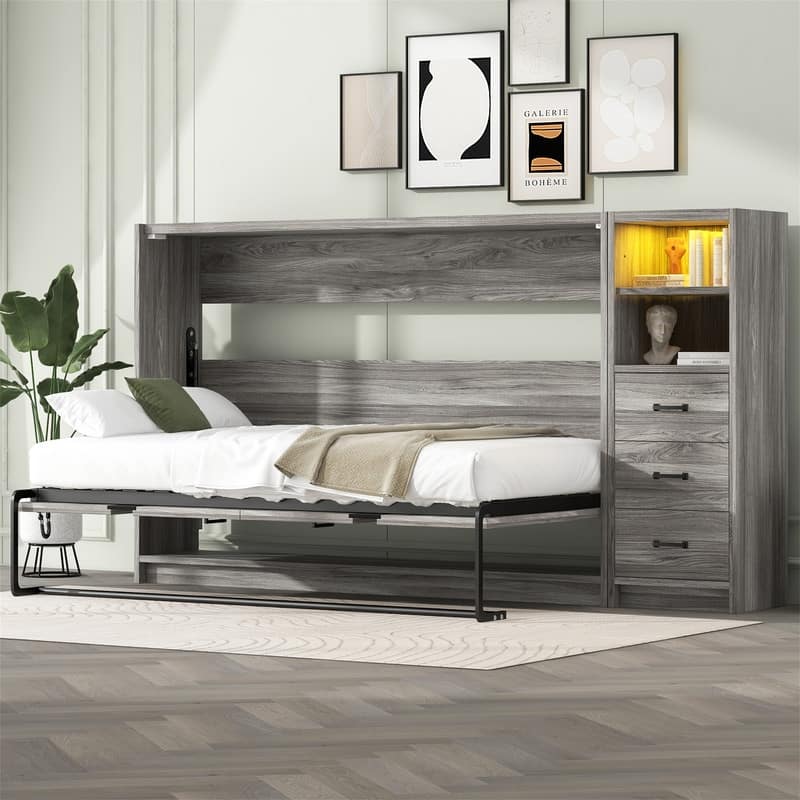 Twin Size Murphy Bed Wall Bed w/ 3 Drawers & LED Light, can be Folded into a Cabinet, Folding Murphy Cabinet Bed w/Open Storage