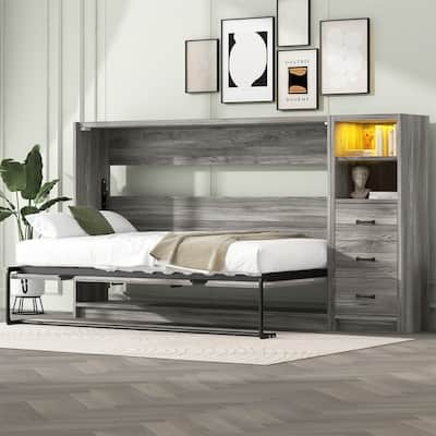 Twin Size Murphy Bed Wall Bed with LED Light, Space Saving Murphy Cabinet Bed with 3 Drawers and Storage Shelf