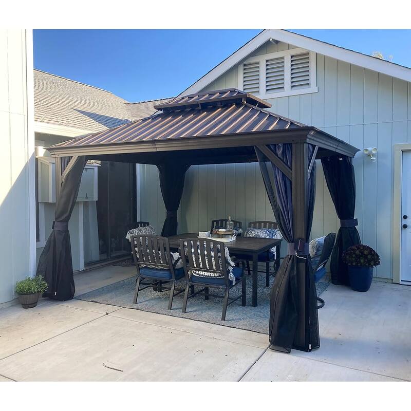 PURPLE LEAF Outdoor Hardtop Gazebo For Patio Bronze Aluminum Frame Pavilion With Navy-Blue Curtain