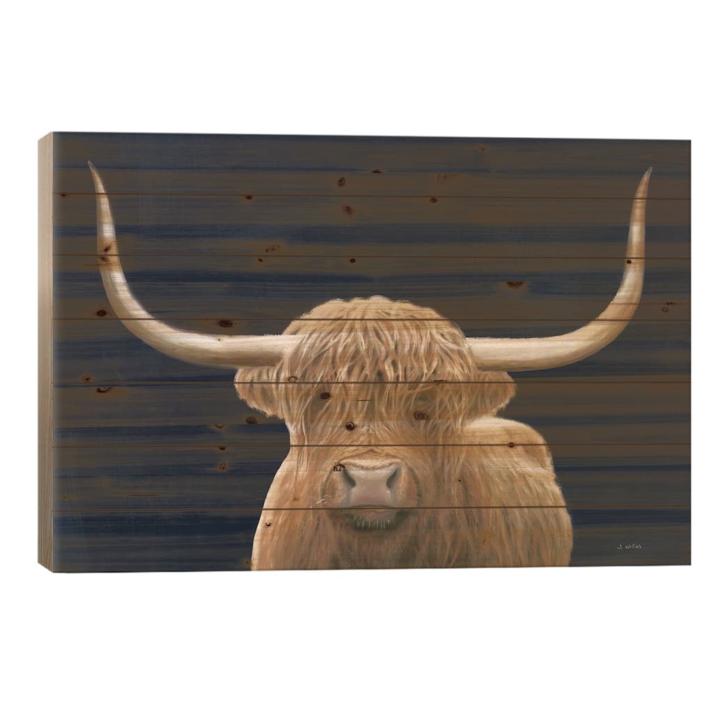 Highland Cow Navy Print On Wood by James Wiens - Multi-Color
