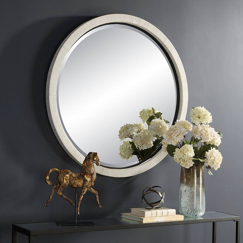 Round Rattan Wrapped Beveled Wall Mirror - 39.25" - White and Black