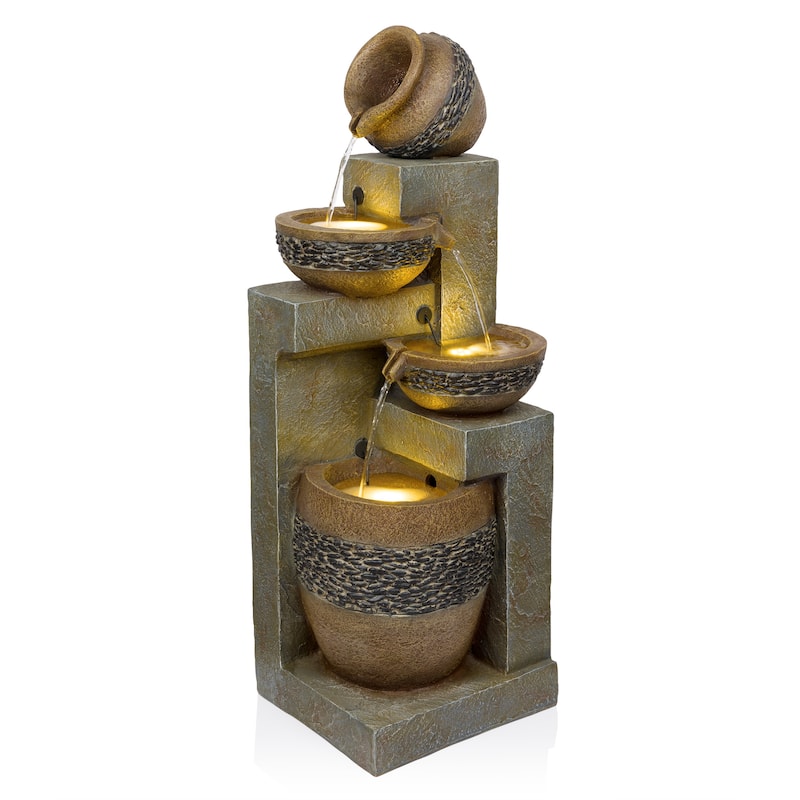 4 Tier Pots with Stones Fountain with LED Lights