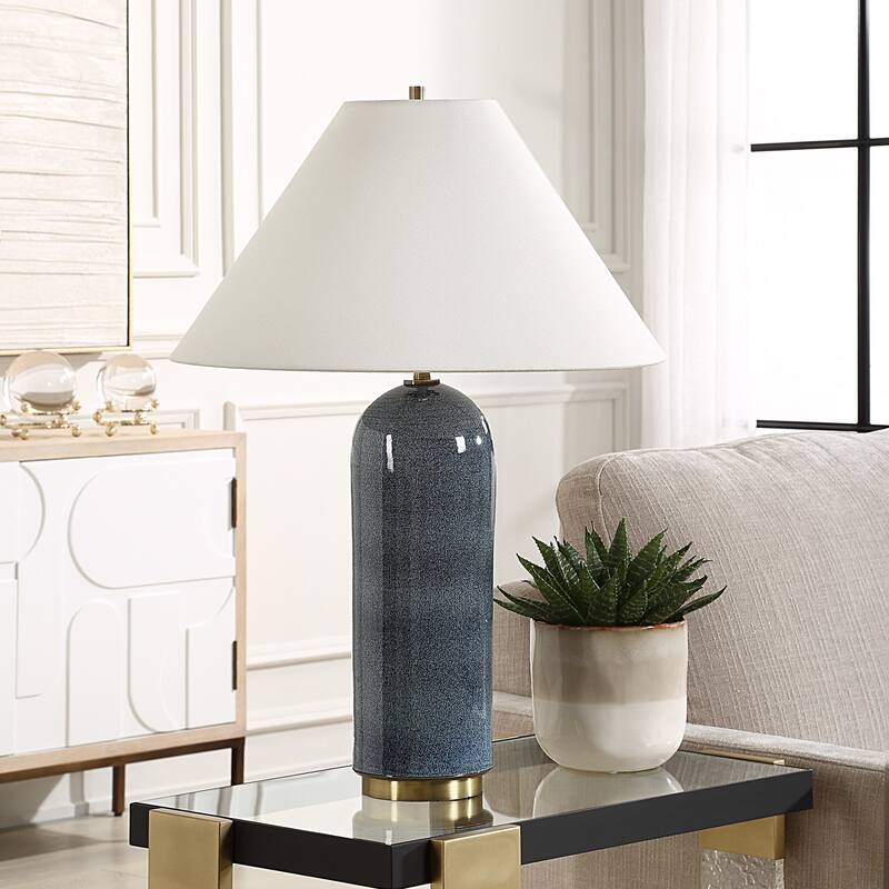 Hand-Spun Glazed Ceramic Table Lamp with Drum Shade - 27.75" - Blue