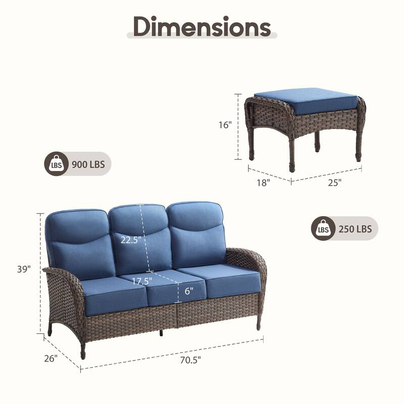 Luna 3-Seat Wicker Patio Sofa with 6-Inch Thick Cushions and 2 Ottomans
