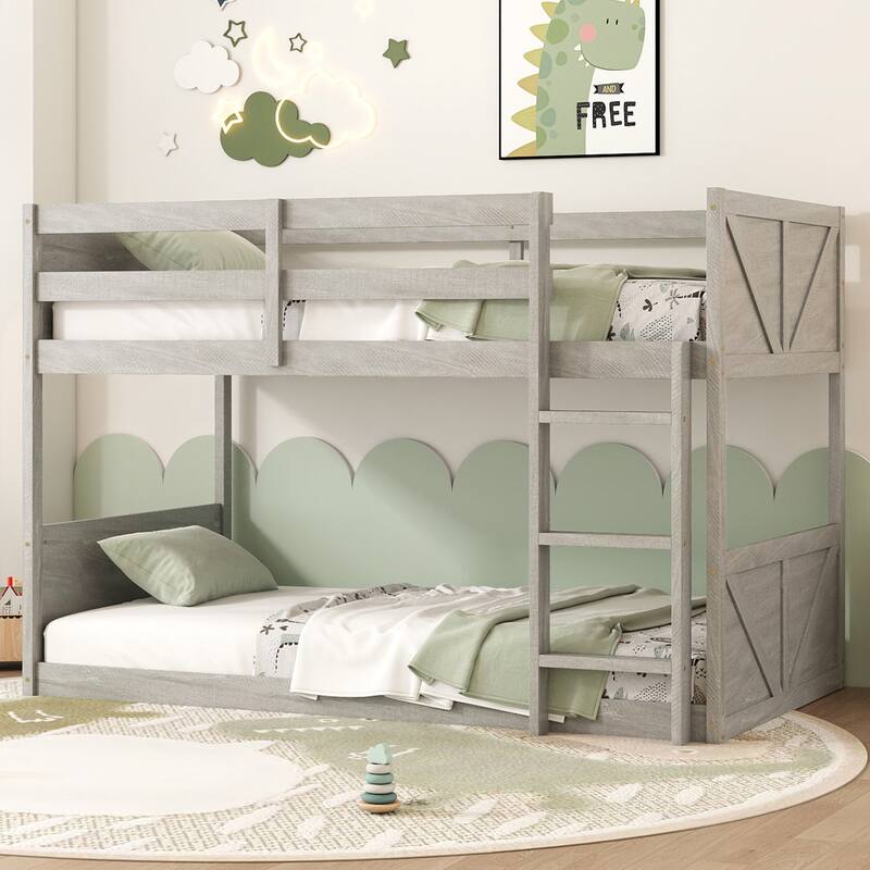 Antique White Twin Over Twin Floor Bunk Bed with Panelled Headboard, Footboard, and Built-in Ladder